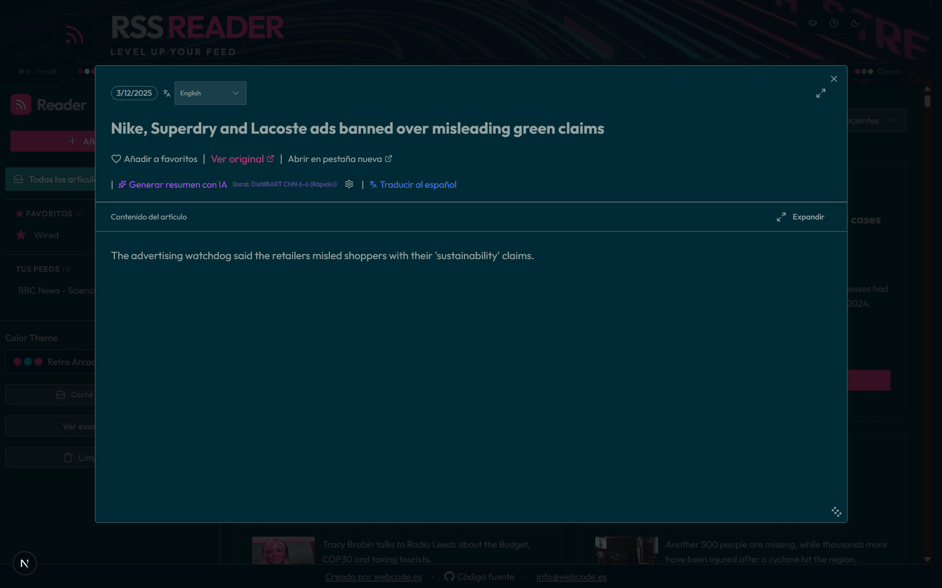 Vista de lectura de un artículo