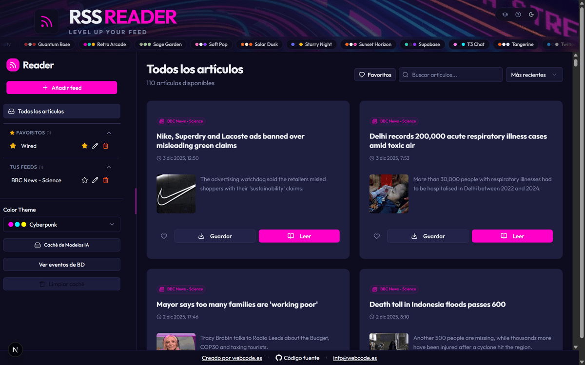 RSS Reader con tema Cyberpunk